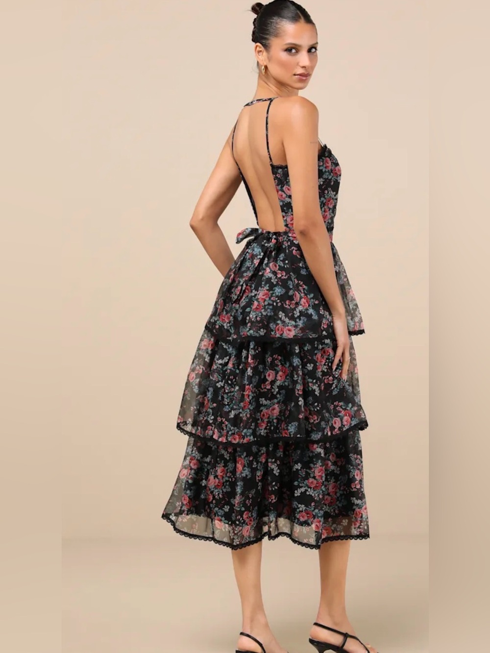 Lulus Kimbra Black Floral Backless Tiered Midi Dress M NWT - Picture 2 of 5